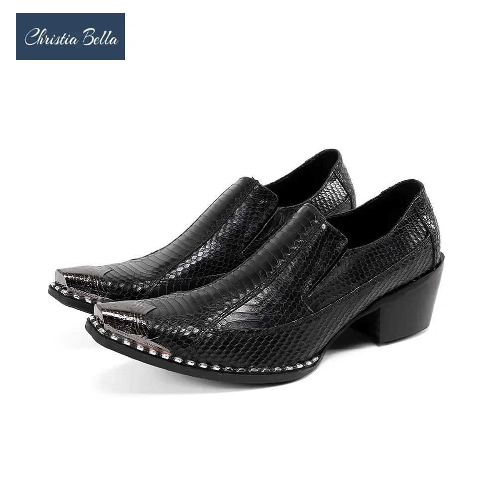 Italian Rivet Men Formal Dress Shoes Big Size Metal Square Toe Party Genuine Leather Shoes Male Black Business Mid Heel Shoes