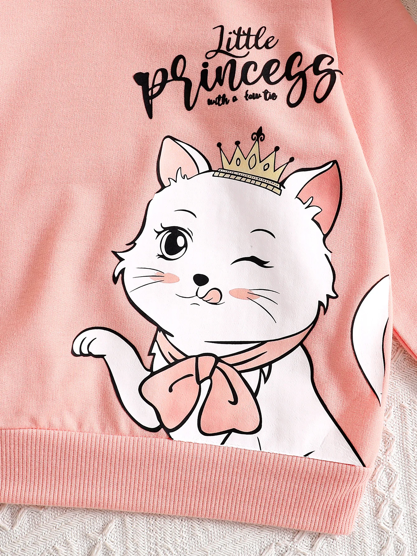 Conjunto de pantalones de dos piezas para niña, moda de otoño, lindo patrón de gato, top de manga larga con cuello redondo + pantalones casuales de gato de dibujos animados, adecuado para salidas y uso diario, ropa de otoño versátil informal juvenil y energética