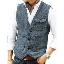 Casual Tooling Vest Formal Herringbone Tweed Brown V Neck Wool Waistcoat Business Vest Groomman For Wedding Prom