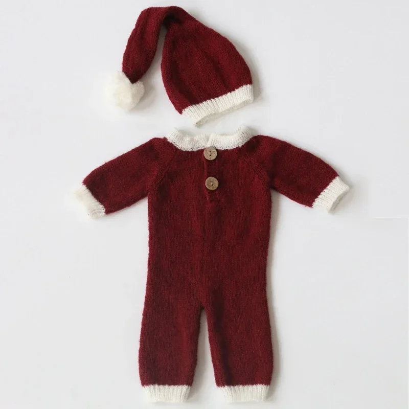 Newborn Photography Outfit Baby Costume Crochet Romper Hat Set Baby Jumpsuit Bodysuit Santa Clothing Baby Photoshoot Outfit