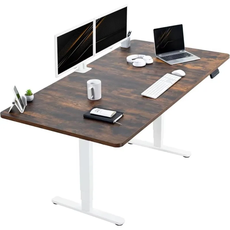 Electric Height Adjustable 71 x 36 inch Memory Stand Up Desk, Rustic Vintage Brown Table Top, White Dual Motor Frame