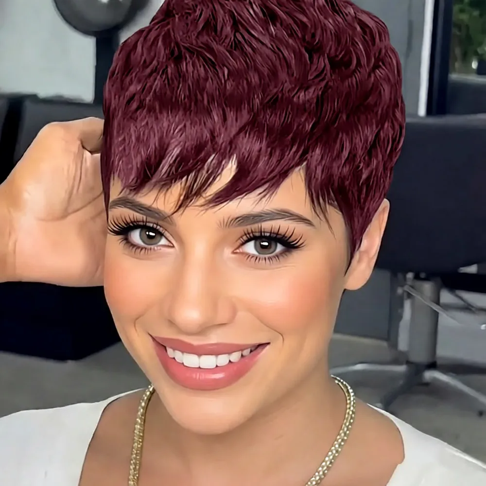 

Парик из натуральных человеческих волос, стрижка пикси, цвет натуральный черный/99j, плотность 150%, 4 дюйма, летний парик машинной работы, из волос реми, для женщин, короткий, многослойный.