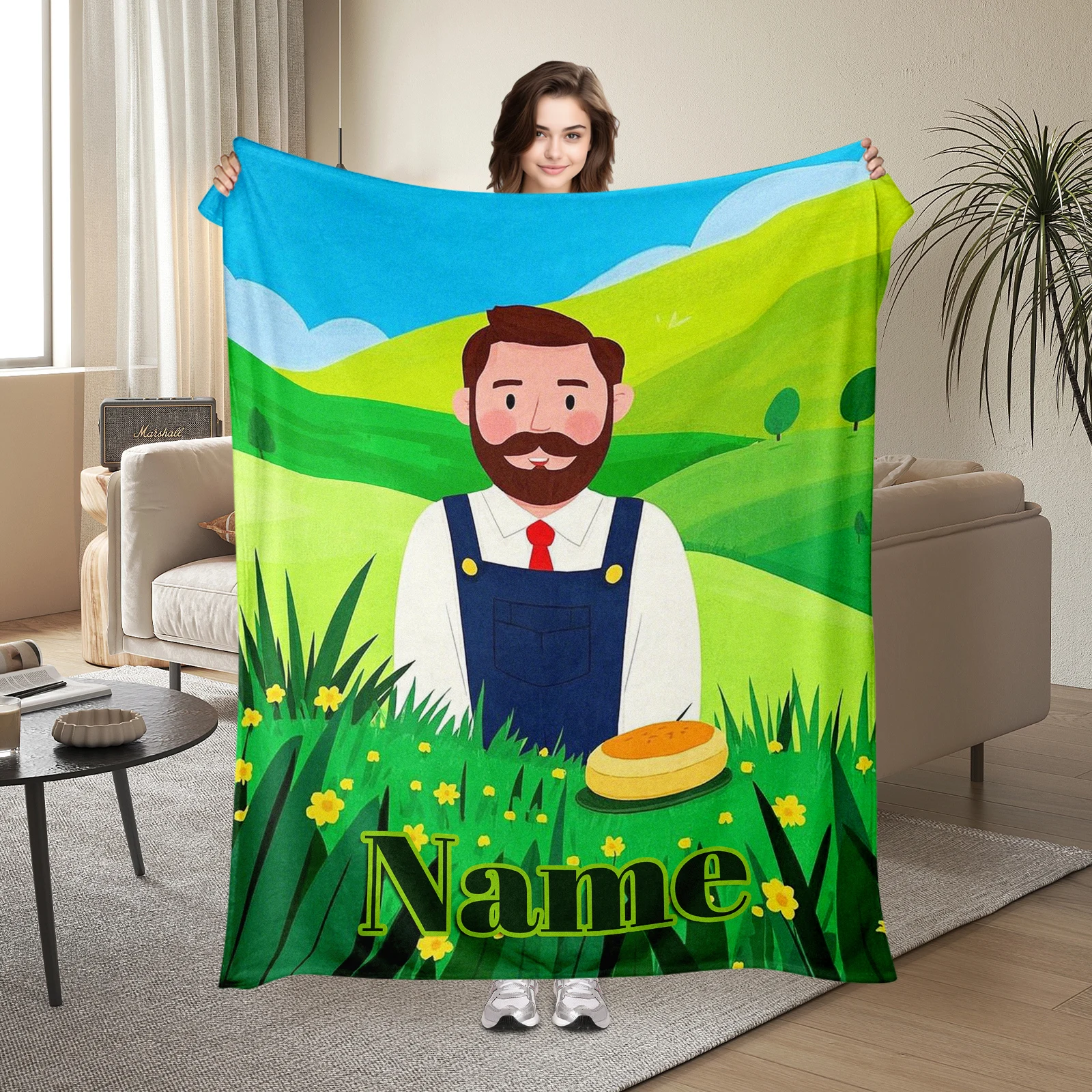 

Father'S Day Flannel Blanket With Cartoon Design And Custom Text, Soft And Cozy For Family Celebrations