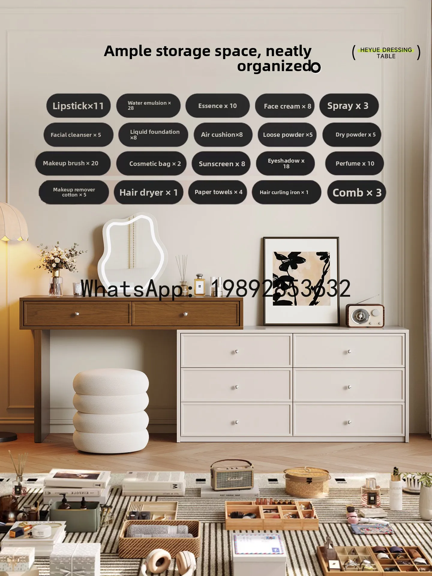 

LYY Solid Wood Dressing Table Vintage Style Small Apartment Makeup Table with Chest of Drawers Integrated Corner Storage Cabinet
