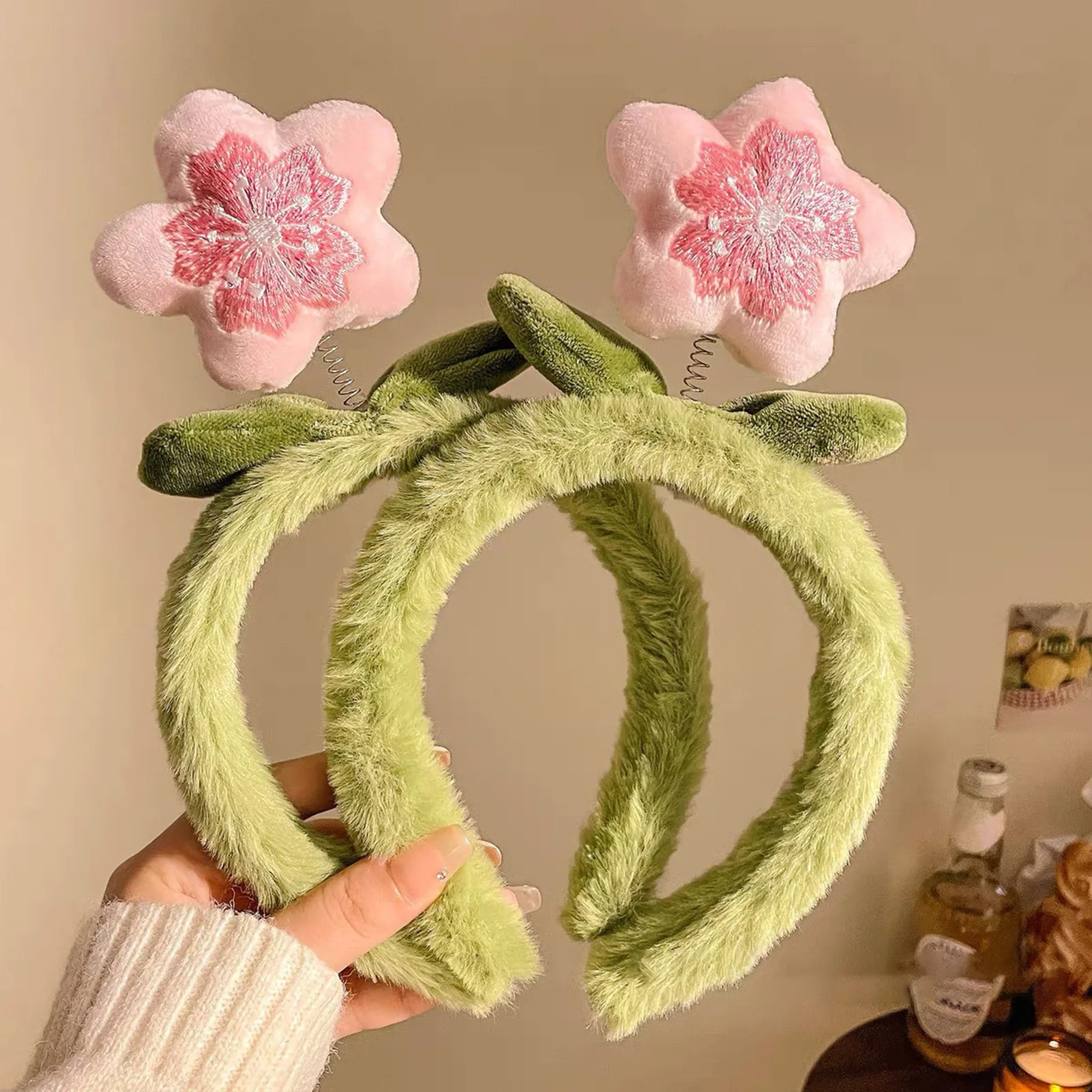 

Cute Plush Pink Floral Headband with Green Leaves for Women Girls Flower Crown Cute Floral Hairband for Face Washing Hair Hoop