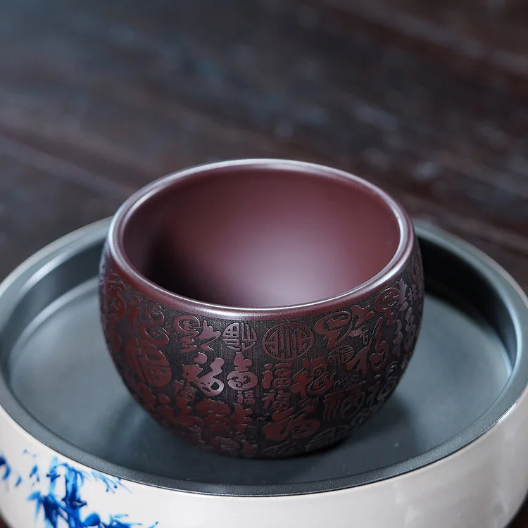Yixing Zisha Handmade Carved Hundred Blessings Teacup Large Clay Cup Original Ore Ceramic Tea Tasting Cup For Gongfu