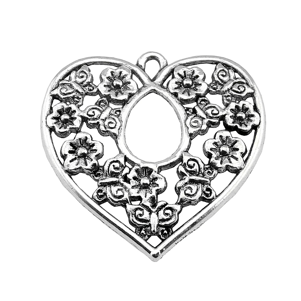 WYSIWYG 4pcs Charms Heart Flower 30x30mm Antique Making Pendant Vintage Tibetan Bronze Silver Color DIY Handmade Jewelry