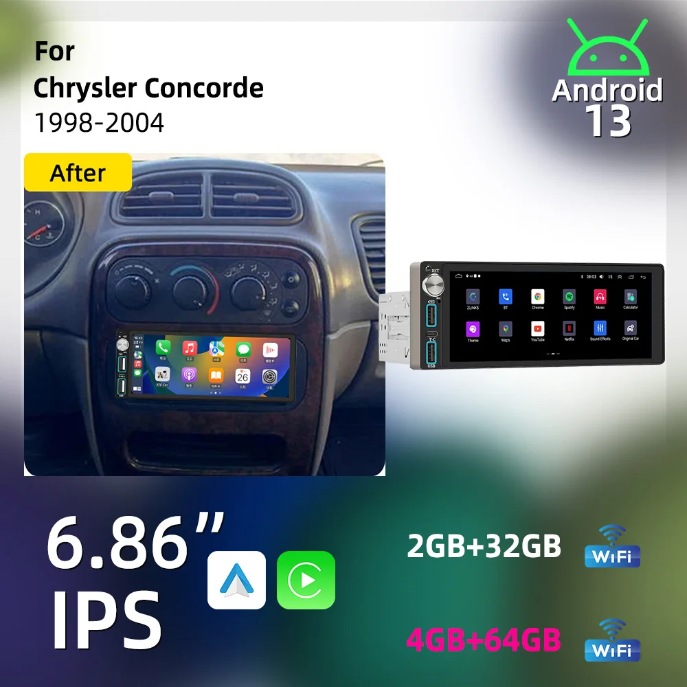 Estéreo para Auto Android de 6.86 Pulgadas, 1 Din, Carplay Inalámbrico, Unidad Principal Multimedia para Auto, Radio, Autoradio para Chrysler Concorde 1998-2004, GPS