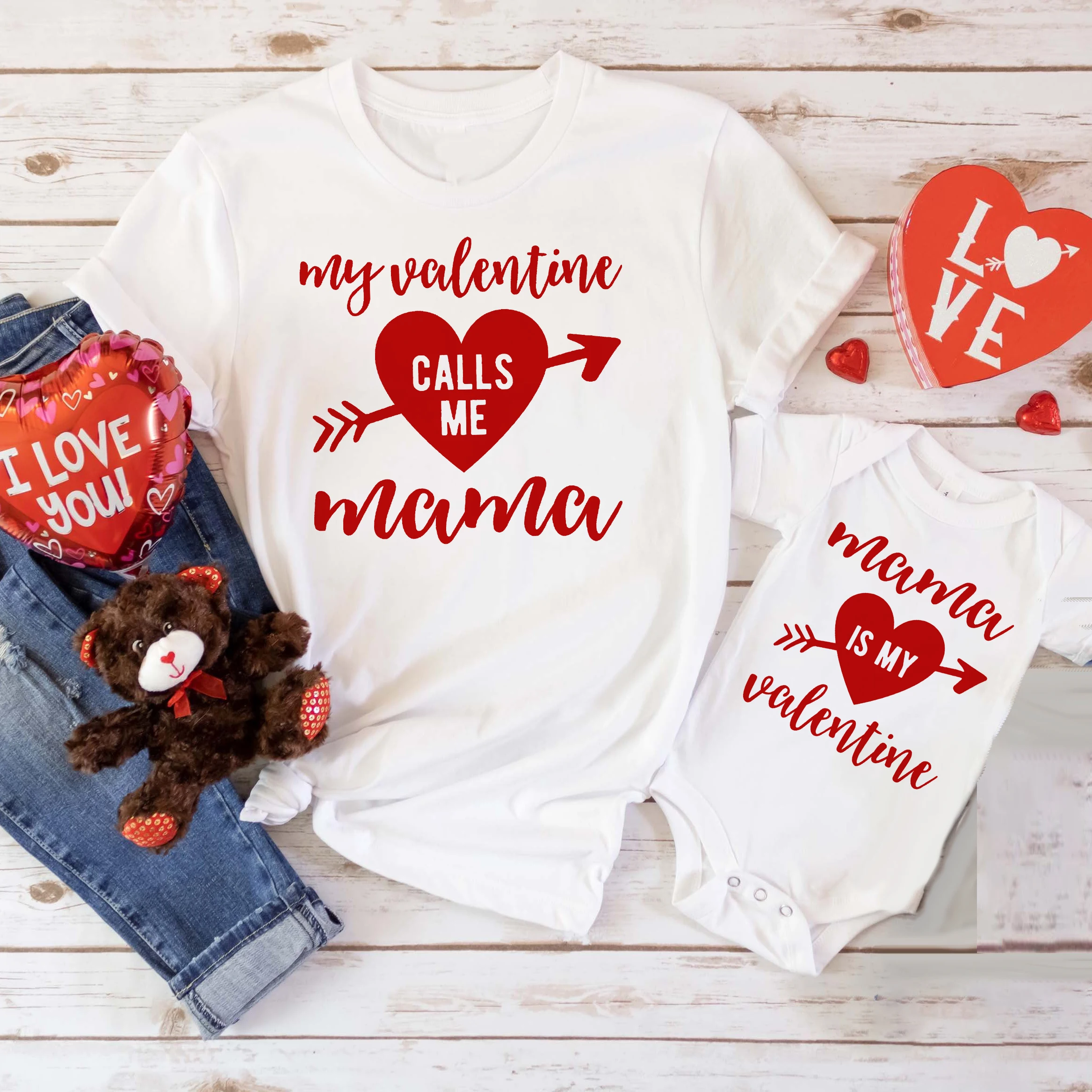 

My Valentine Call Me Mama Print Family Matching Clothes Tee Mother & Kid T Shirt Tops Valentine's Day Mom T-shirt Baby Bodysuit