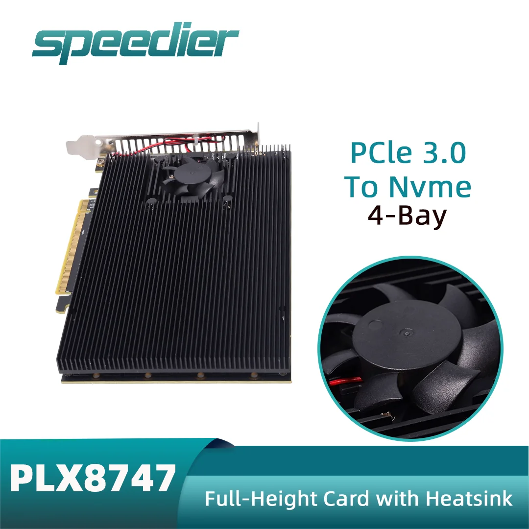 Speedier PCIe 3.0 To NVME 4-Bay Expansion Card, M.2 PLX8747 Silent Full /Half Height  Heatsink Cooler No Disassembly Supports FN