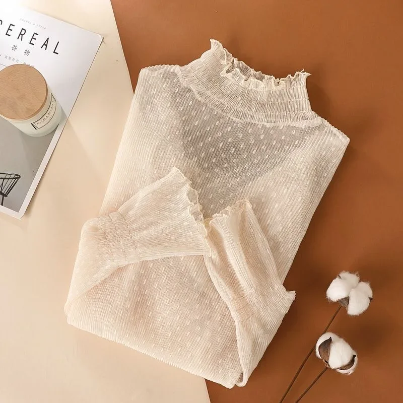 Sexy Women's Lace Layering Top Long Sleeve Sheer Mesh High Neck Undershirt Y2K Lace Floral Tops See Through Shirt Elegant Blouse