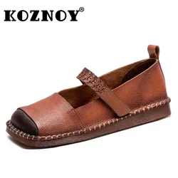 Koznoy 2cm etniczne naturalne płaskie buty ze skóry naturalnej Casual wiosenna jesienne szycie letnie wygodne płytkie damskie buty miękki haczyk