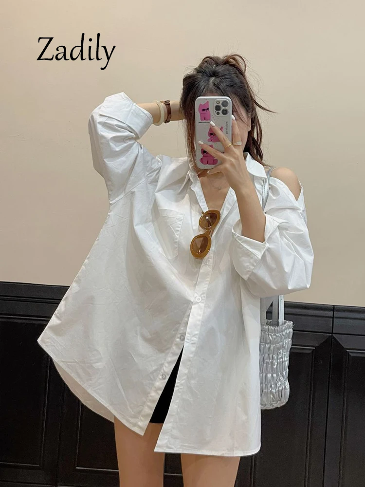 Zadily 2024 Spring Office Lady Long Sleeve Women White Cotton Shirt Off The Shoulder Button Up Oversize Ladies Blouse Work Tops