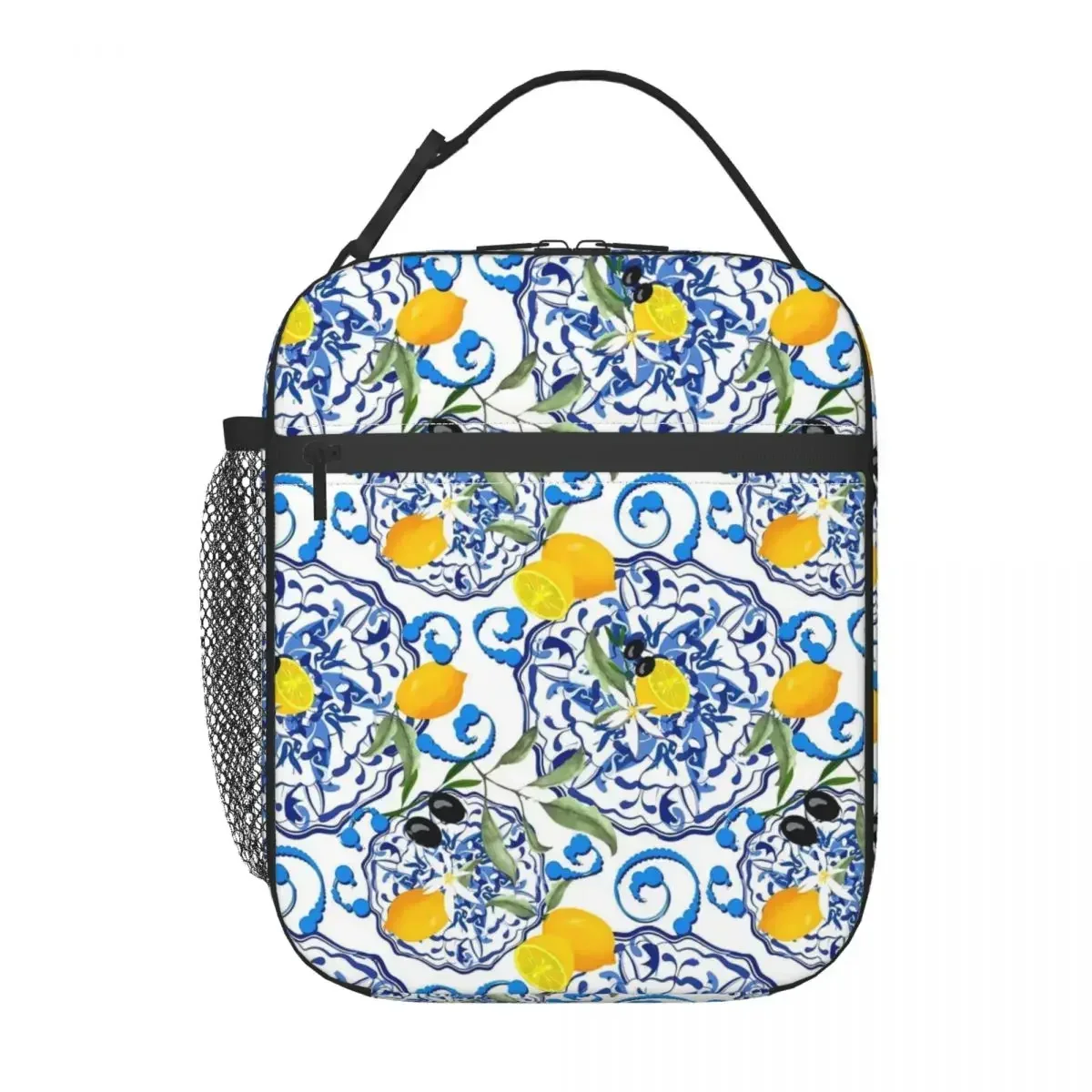 Lunch Bag Retro Blue Flower Portable Lunch Box For Children Lemon Fruit Outdoor Picnic Cooler Bag Vintage Oxford Tote Handbags