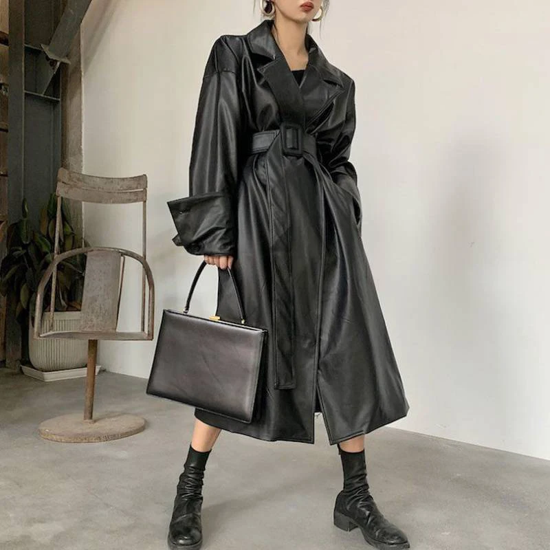 Women Long Leather Clothes Large Lapel Belt Stylish Overcoat Fall Winter Retro Long Sleeve Loose Oversized Leather Trench Coat