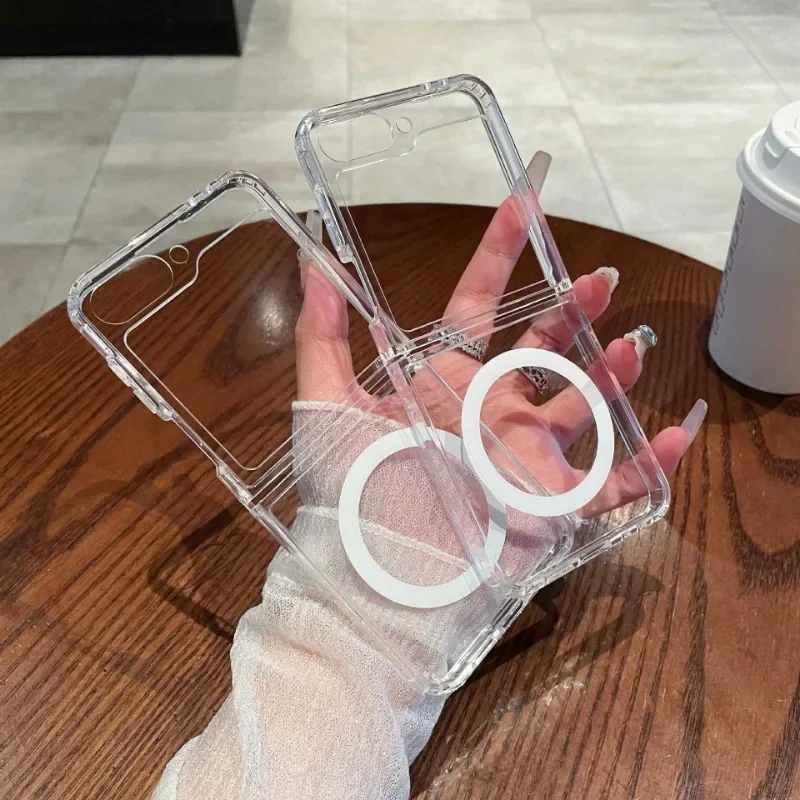 Para MagSafe funda de teléfono transparente para Samsung Galaxy Z Flip 6 5 4 3 Flip6 Flip5 Flip4 Flip3 5G funda protectora transparente anticaída