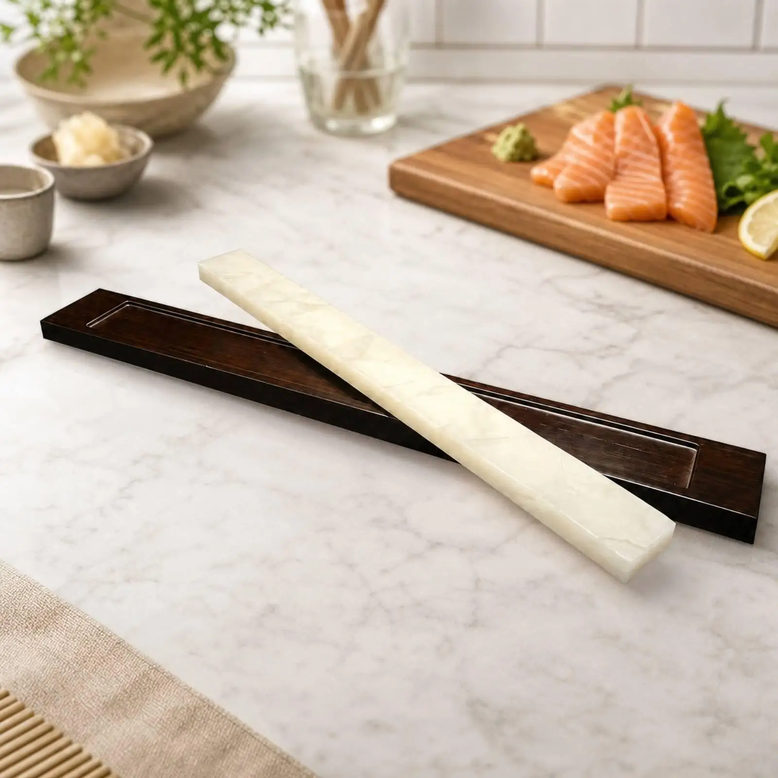 Rectangular Bamboo Tray with Glass Plate Modern Sashimi Serving Tray with Art Glass Insert Versatile Sturdy for Restaurateurs