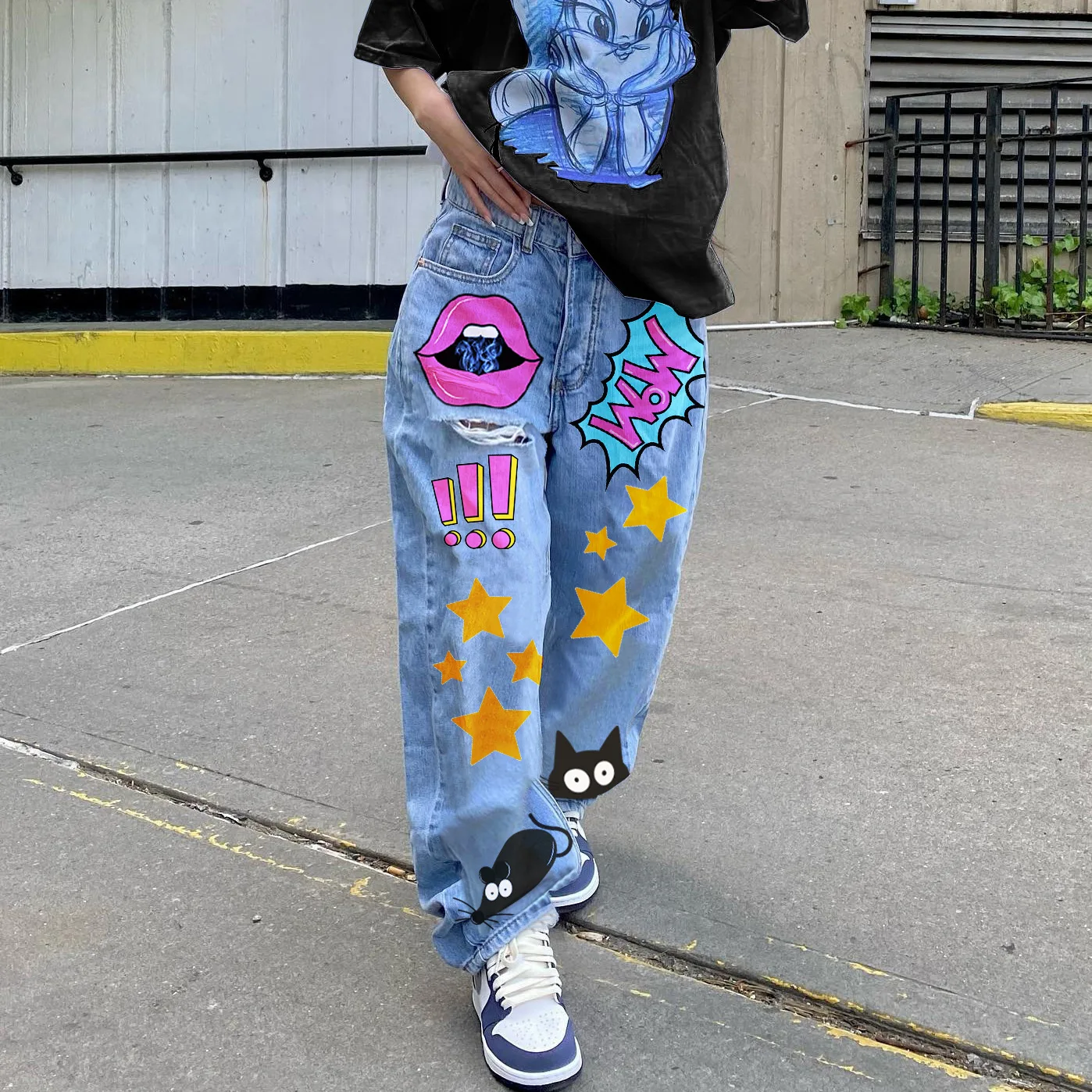 Women Baddie Clothes Streetwear Fashion Print Denim Cut Out Distressed Jeans High Waist Baggy Pants Blue Y2K Harajuku Trousers