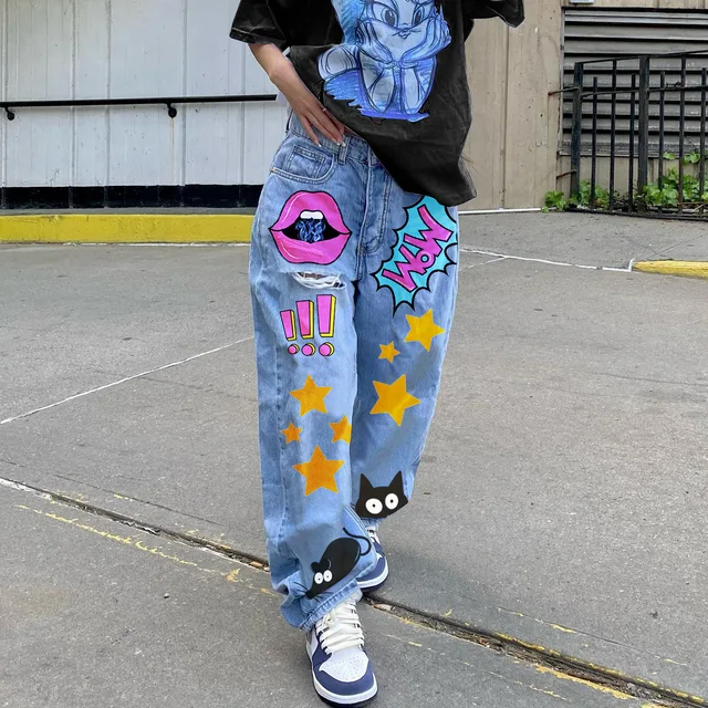 Damskie złe ubrania Streetwear modny nadruk Denim wycięty jeansy w stylu Distressed wysoki stan workowate spodnie niebieski spodnie Harajuku Y2K