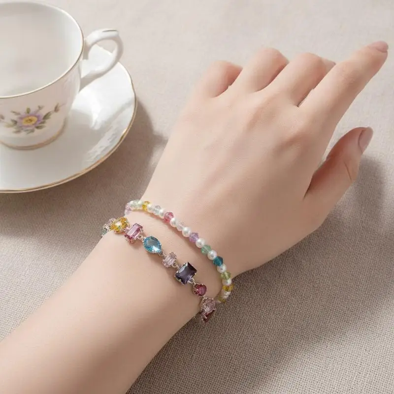 Funkelnde Bunte Kristallarmbänder für Frauen, Koreanische Zirkon-Metallkette, Partyschmuck, Valentinstagsgeschenk – Detail 3