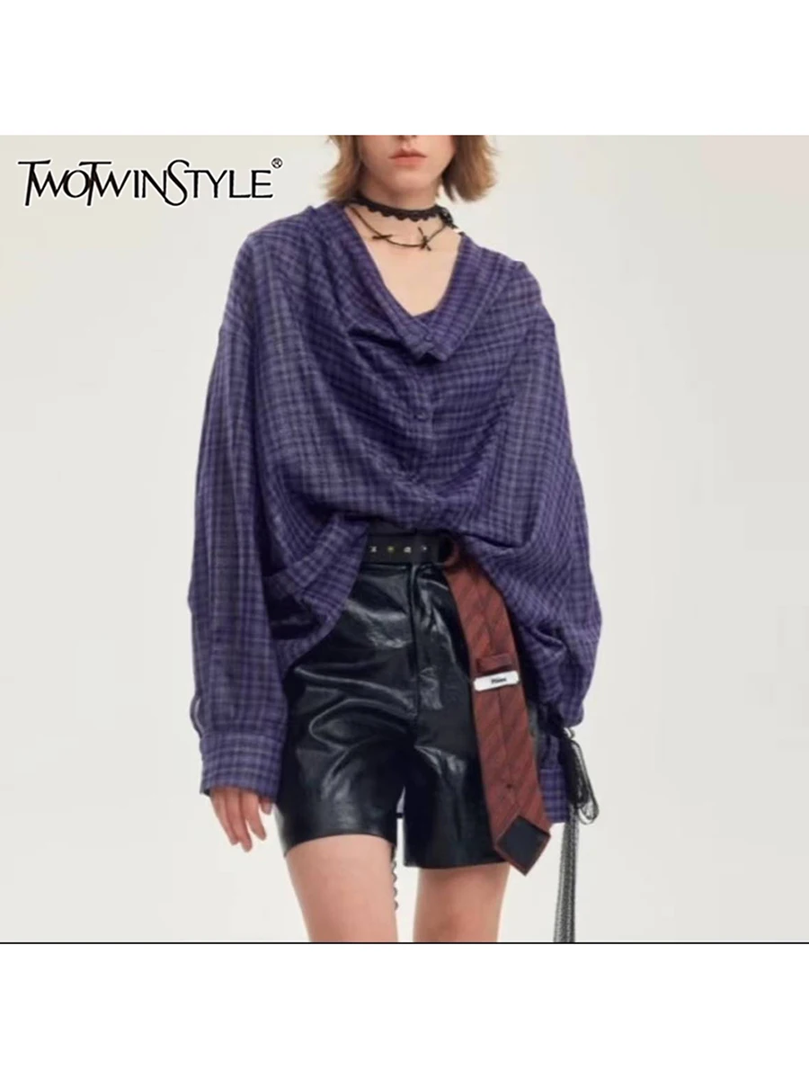 

TWOTWINSTYLE Fashion Two Piece Sets for Women V Neck Long Sleeve Spliced Single Breasted Blouse Patchwork Belt Shorts Set Female