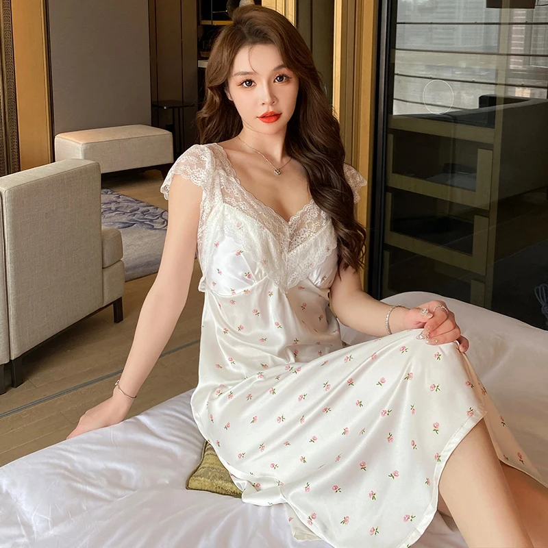 2024 Summer Silk Satin Sexy Lace V-neck Lingerie Nightgowns For Women Korean Print Sleepwear Night Dress Nightdress Home Nighty