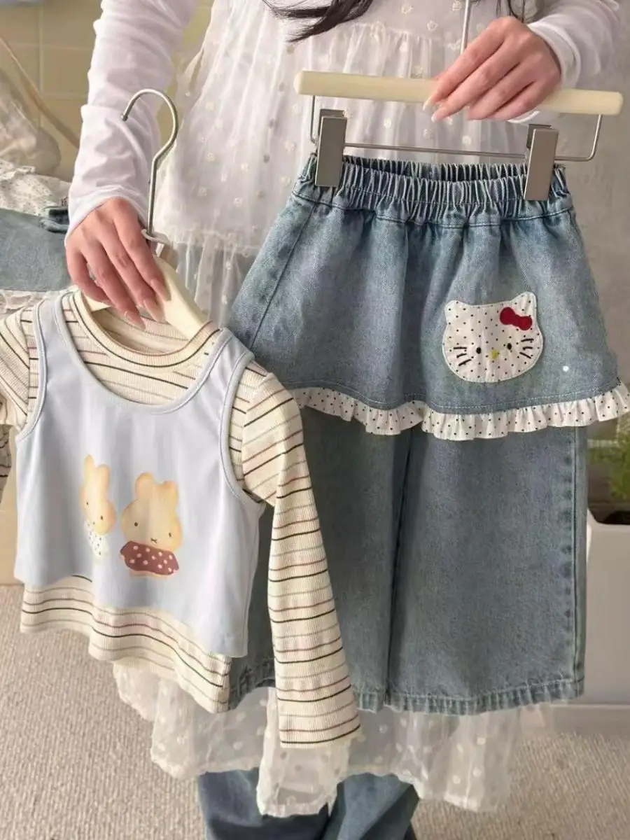 

Детский комплект из трех предметов: модный мультяшный жилет, полосатая базовая футболка и джинсы для девочек, дышащий, с длинным рукавом, весна-осень