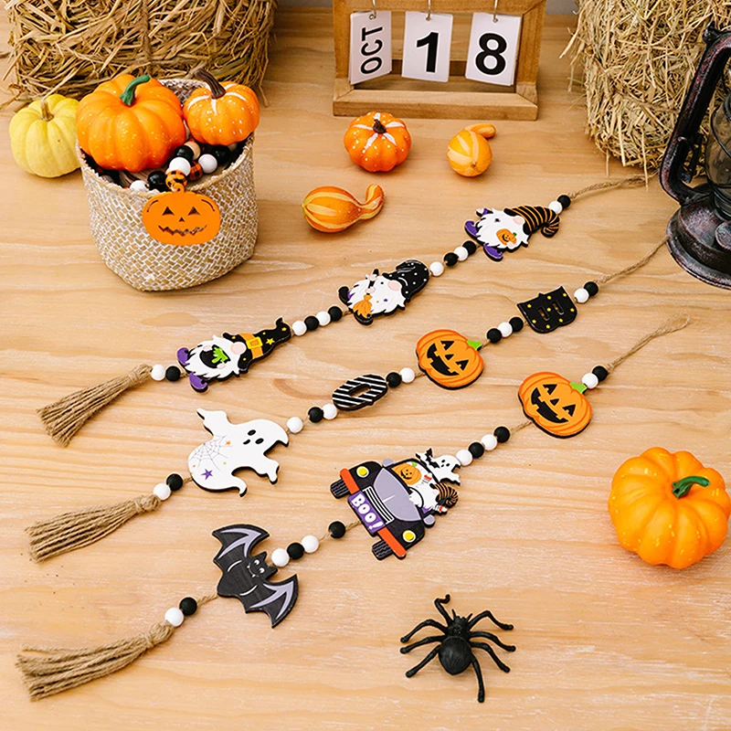 ハロウィーン、ノーム、カボチャ、バット、ゴースト、ハンギングオーナメント、パーティーデコレーションクラフト用の木製ビーズペンダント