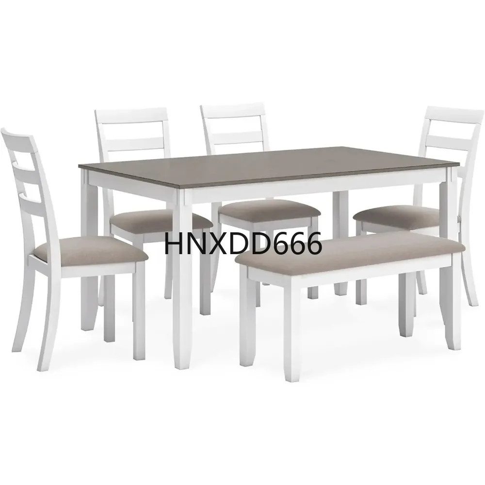 

Design by Ashley Stonehollow Modern Farmhouse Dining Table with Upholstered Chairs and Bench, Set of 6,