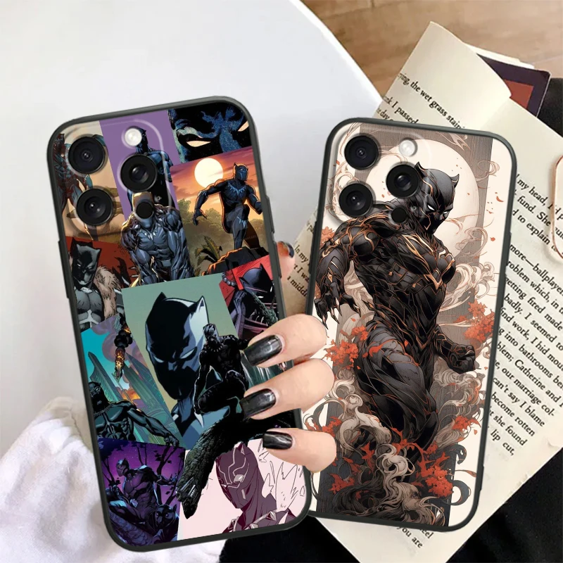 Black Panther Marvel Fashion untuk Apple iPhone 16 15 14 13 12 11 XS XR X Pro Max Plus Mini hitam TPU casing ponsel