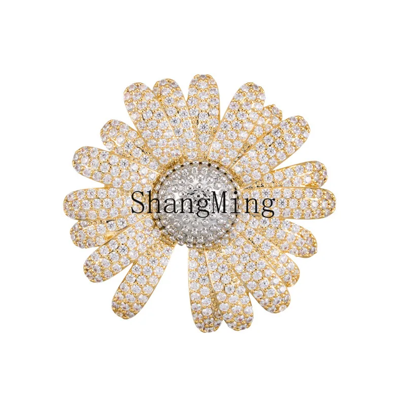 

PYH fresh explosion full zirconium daisy brooch copper alloy two-color gold real gold electroplating micro-inlaid zircon
