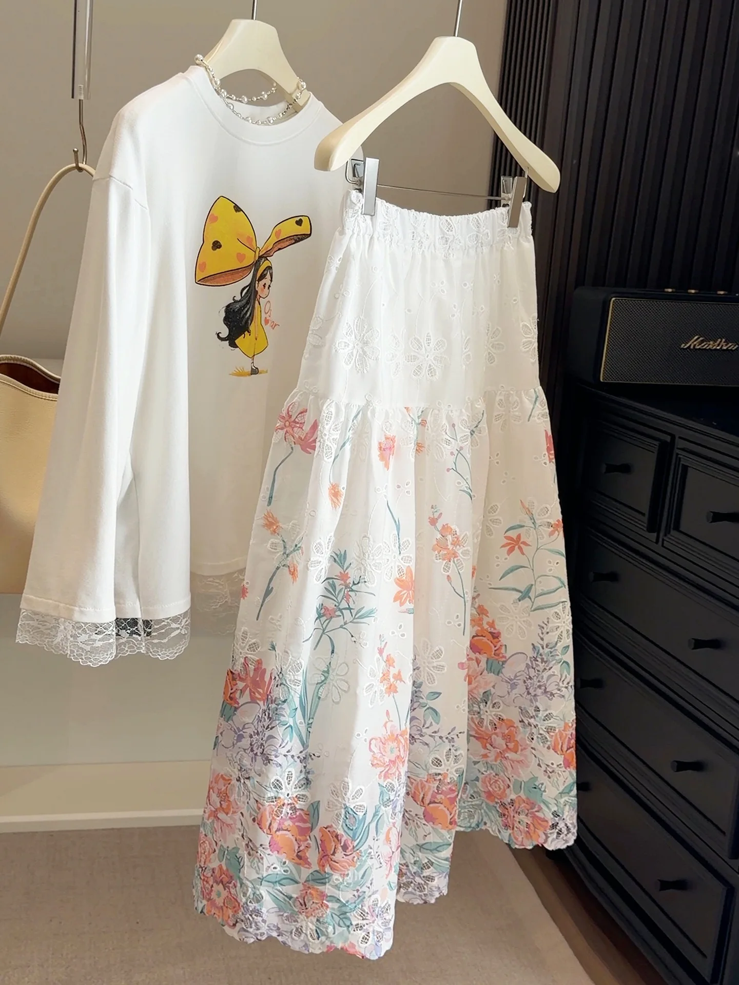 Harajuku Retro Embroidered Floral Pink A-line Skirt Women Spring Crochet Hollow Out Flared Casual Country Versatile Midi Skirts