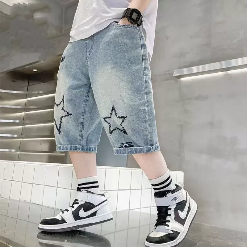 Boys Straight Denim Shorts Summer Children Casual Wide-leg Knee Length Pants Teenage Jean Short Trousers Kids Clothing 5-14 Year