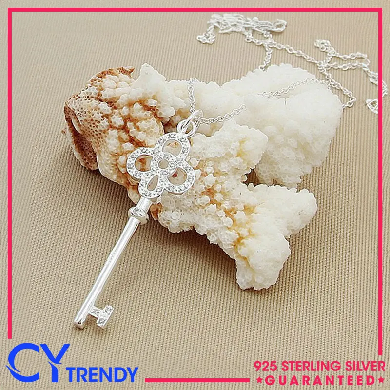 

Blooming Elegance 925 Sterling Silver Chain Zircon Flower Key Pendant Necklace Jewelry