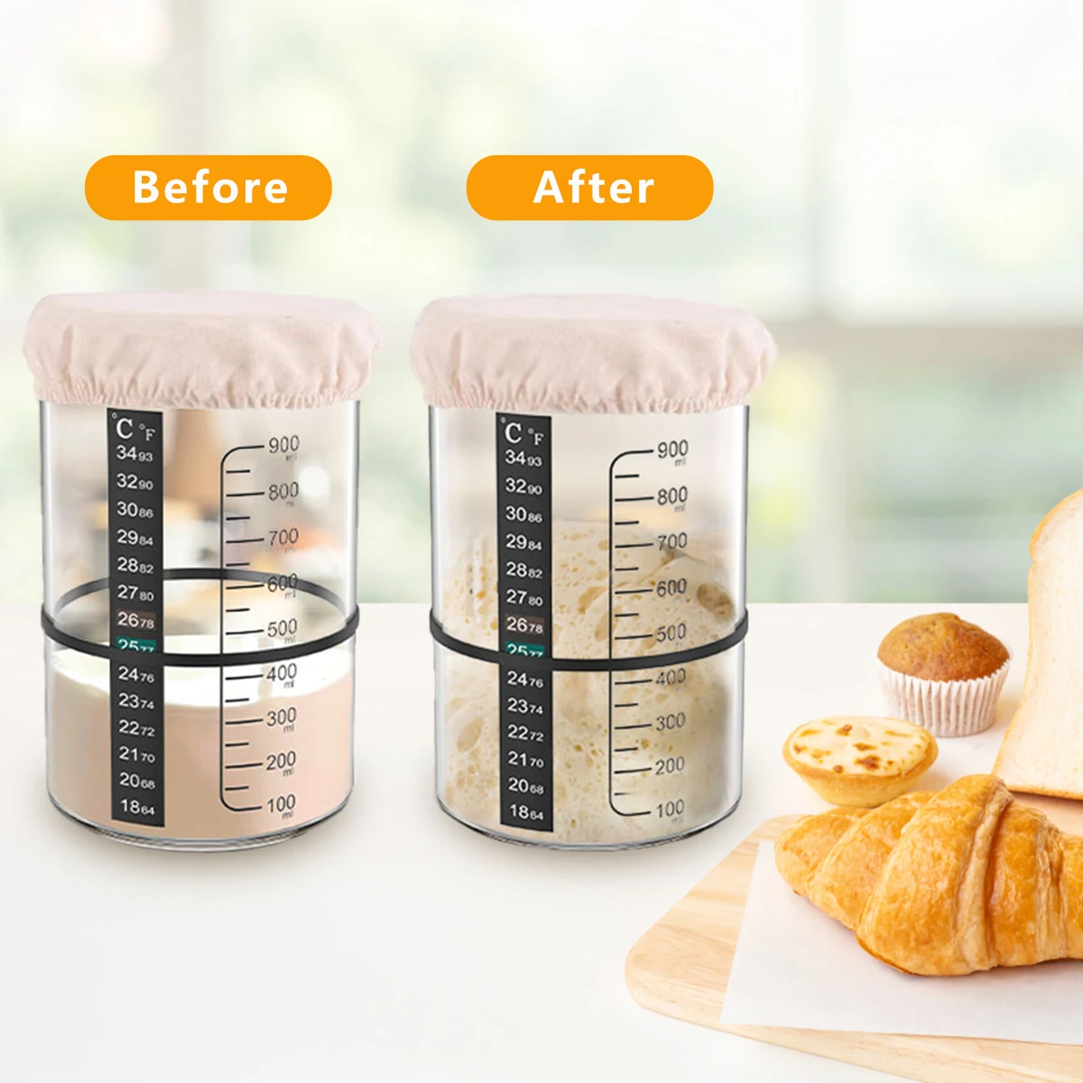 Kit de frasco inicial de massa fermentada 1000ml, recipiente de fermentação de massa, boca larga, frasco de vidro transparente para cozinha, tanque de armazenamento de alimentos