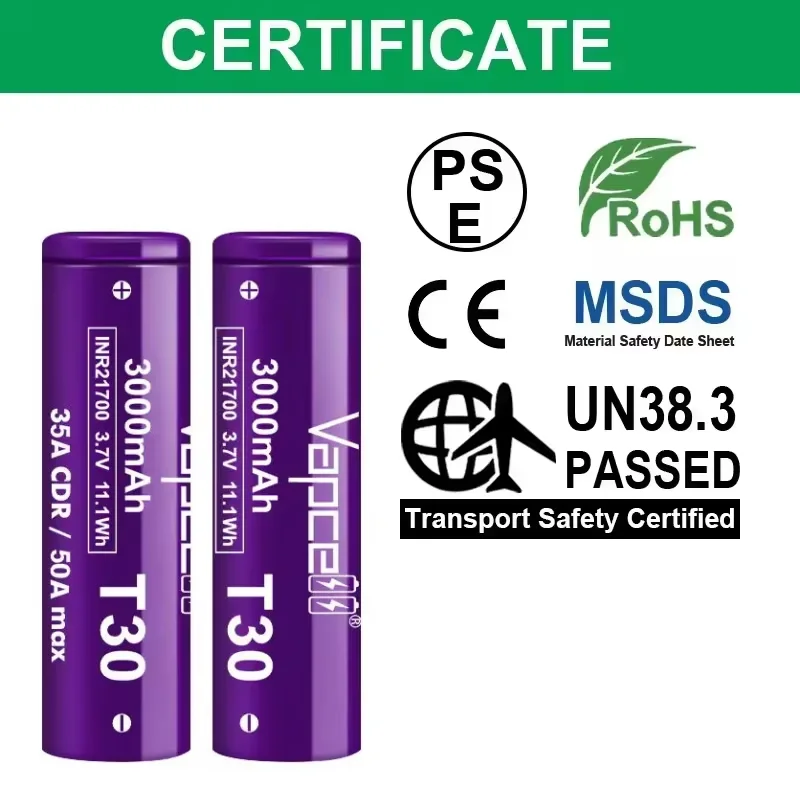 Batteria originale Vapcell T30 INR21700 3000mah CDR 35A Max 50A 3.7V Grado A 21700 Cella ricaricabile agli ioni di litio per torcia elettrica