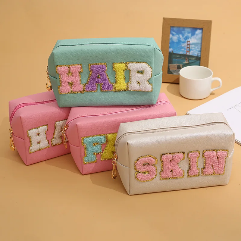 New Chenille Letter Patch Cosmetic Bag FACE Letter Makeup Bag PU Leather Makeup Case for Women Travel Toiletry Storage Organizer