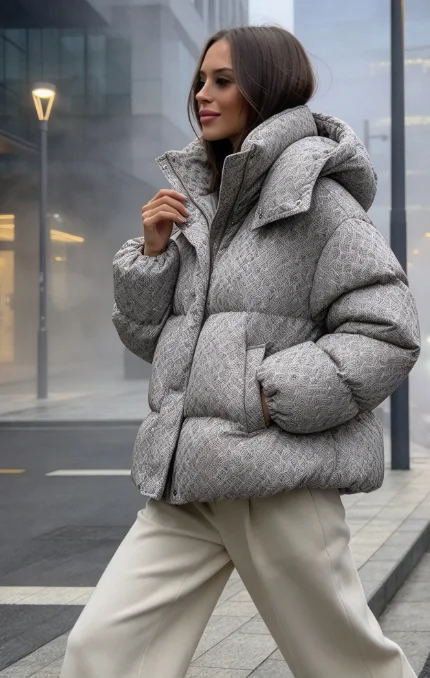 Print Hooded Puffer Jacket Zip Up Stand Collar Long Sleeve Loose Short Thick Coats 2026 Women Warm Winter Casual Outer Coat