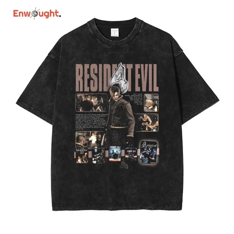 Leon S Kennedy T Shirt Hip Hop PC Game Vintage Washed Tops Tees Oversized Short Sleeve T-Shirt Retro Sweatshirts Man 100% Cotton