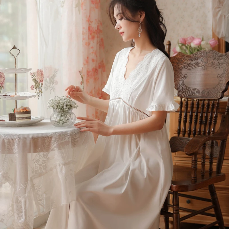 Sexy Lace Cutout Cotton Night Dress Women Summer Short Sleeve White Peignoir Victorian Vintage Nightgowns Princess Sleepwear