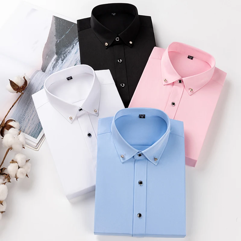 Gran oferta, camisa de vestir de negocios para hombre, moda Formal, fina, clásica, básica, con botones de diamante, camisa blanca Social de manga larga, ropa para hombre