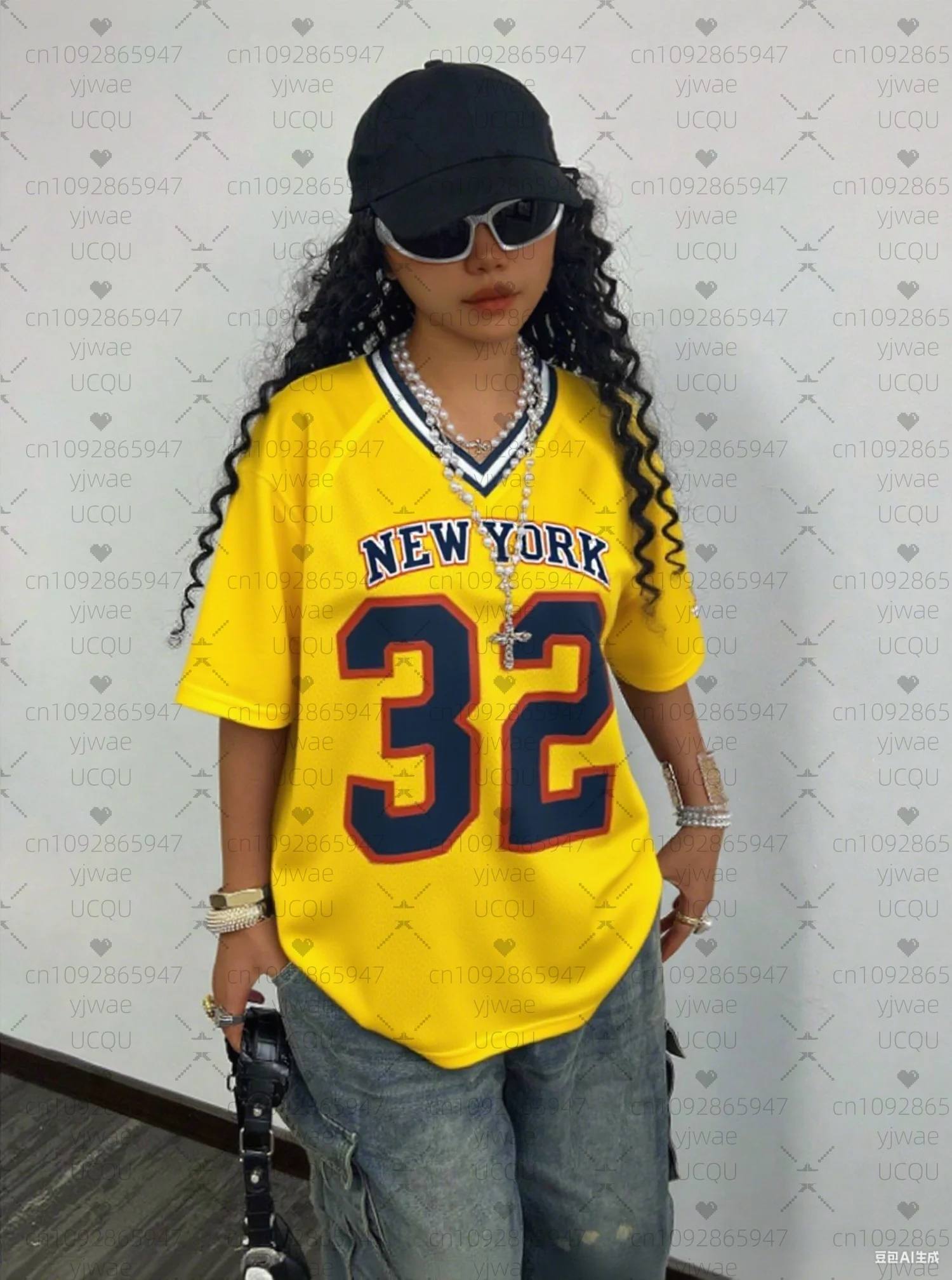 2025 النساء البيسبول الفانيلة نيويورك 32 طباعة الخامس الرقبة تي شيرتات قصيرة الاكمام الصيف المحملة شريط المتضخم تي شيرت رياضي