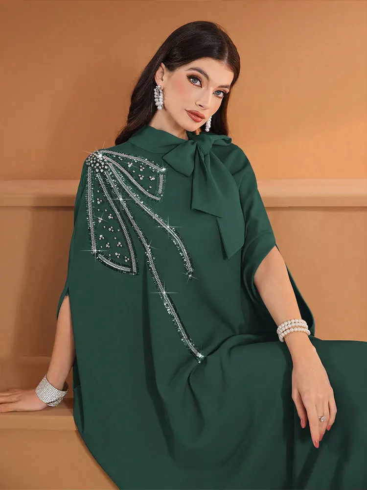 Ramadan Eid Diamonds Abayas Dubai Kaftan Women Muslim Dress Bow Jalabiya Kebaya Caftan Marocain Robe Femme Musulmane Vestidos