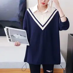Women's Pullover Polo Neck Patchwork Shirring T-shirt Spring and Autumn Plus Size Loose Commute Long Sleeve Fake Two Pieces Tops