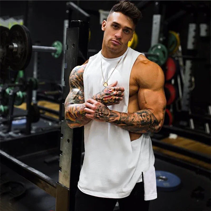 New Men's Extend Cut Off Sleeveless Shirt Gym Stringer Vest Blank Hip-Hop Muscle Tees Bodybuilding Tank Top Fitness Clothing