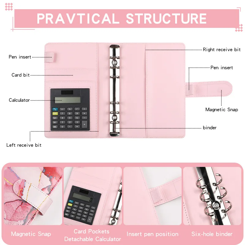 A6 Marble with Calculator Money Budget Planner Binder Zipper EnvelopesCash Envelopes For Budgeting Money Organizer Binde