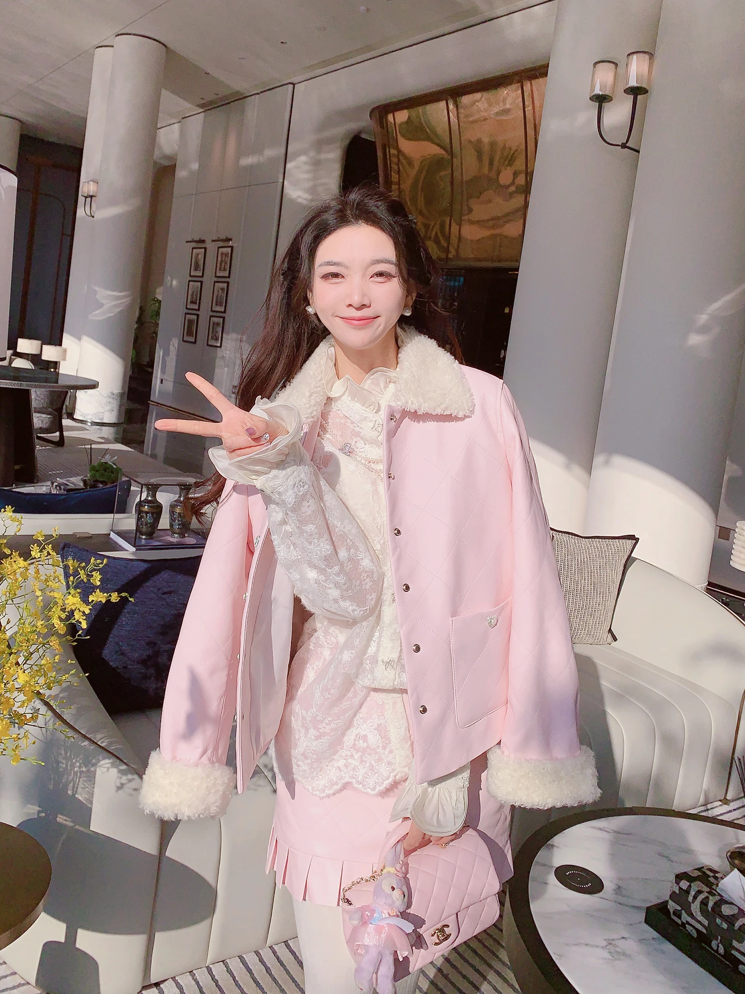 

MissLuxury Autumn Winter Women's Genuine eep Leather Jaet Cotton Coat Outerwear And Skirt Set Warm Casual Sle Long Sve