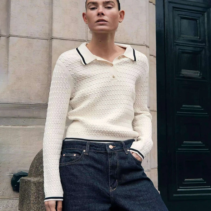 

Tornova Long Sleeve Pullover Sweater Female Autumn Winter New Contrast Color Casual Fashion Female Lapel Slim Rib Knitted Top