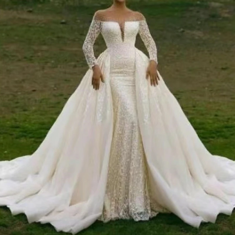 

NW112 Customized Long Sleeve Wedding Dresses Sheer Neck Crystal Mermaid Bride Bridal Gown With Train Vestido De Noiva Robe