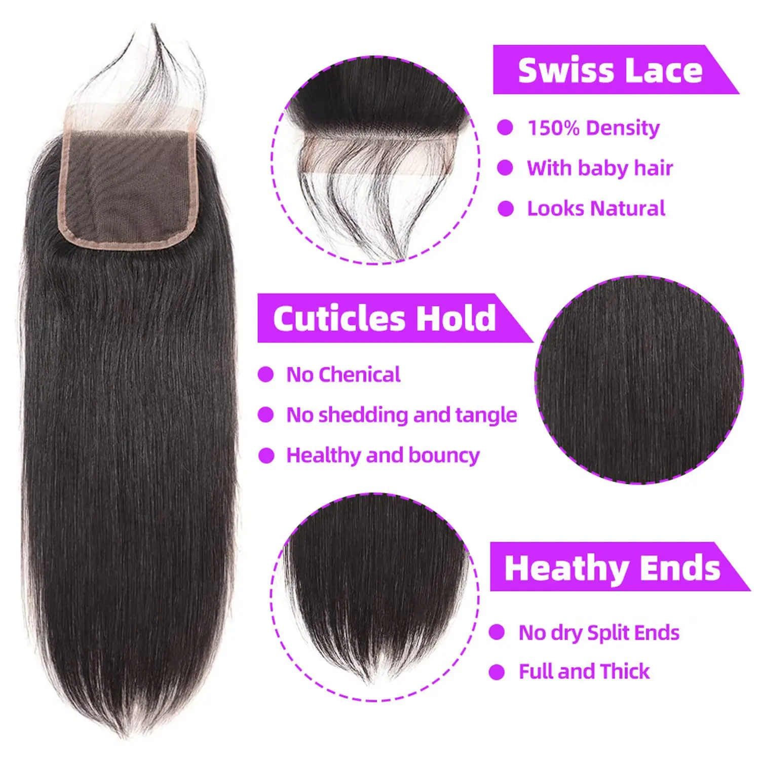 Bundel Lurus Rambut Manusia dengan Penutup 22 24 26 & 18 Inci 10A Bundel Rambut Manusia dengan Ekstensi Penutupan 4×4 Warna Alami